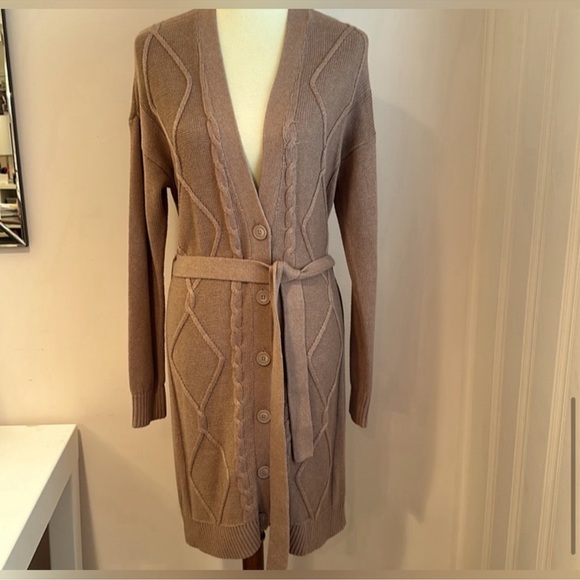 L’AGENCE NWT M Harleen Belted Cable-Knit Cardigan rustic brown nude midi long - Picture 8 of 8